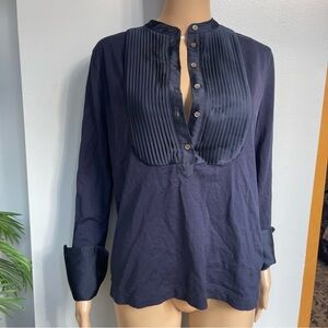 Women's Navy Pleated Bib Button-Front Top